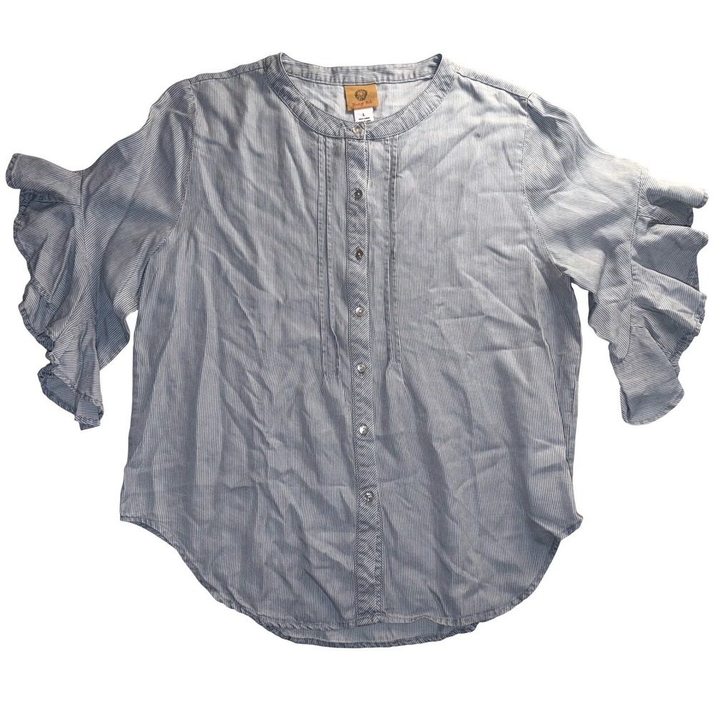 Coastal Ruby Rd Button Up Large Blue Railroad Pinstripe Ruffle Tencel 3/4 Sleeve